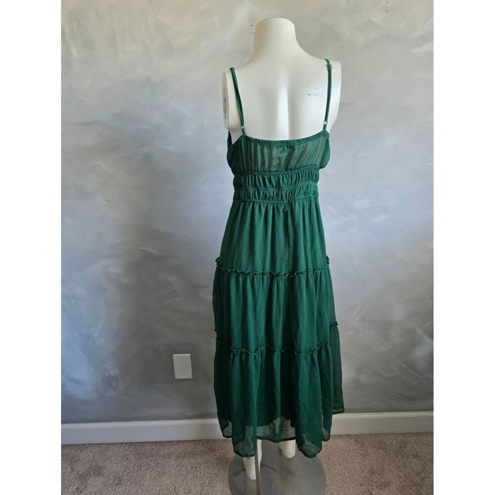 Women's Sleeveless Deep Green V Neck Dress Ruffle Tiered Midi Sz L Babydoll - Picture 5 of 9